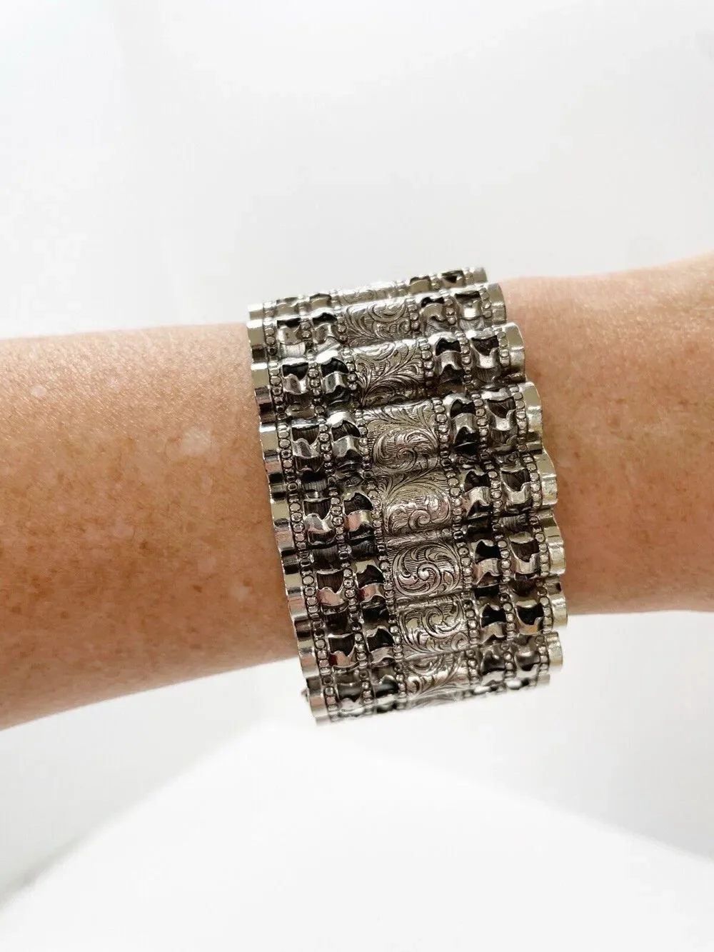Vargas Victorian Style Pierced Repoussé Silver Clamper Bracelet Cuff Vintage